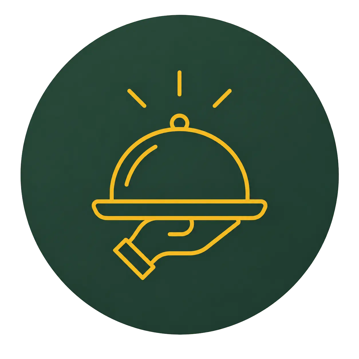 Service icon showing hand holding cloche with shine rays above on dark green background.