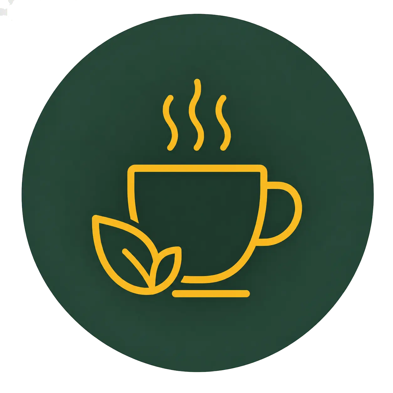 Steaming herbal tea cup with leaf icon on green background, representing wellness and organic beverage concept.