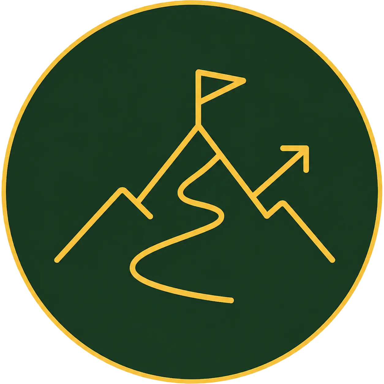 Stylized mountain logo with a winding path and flags, symbolizing growth and exploration on the About us page.