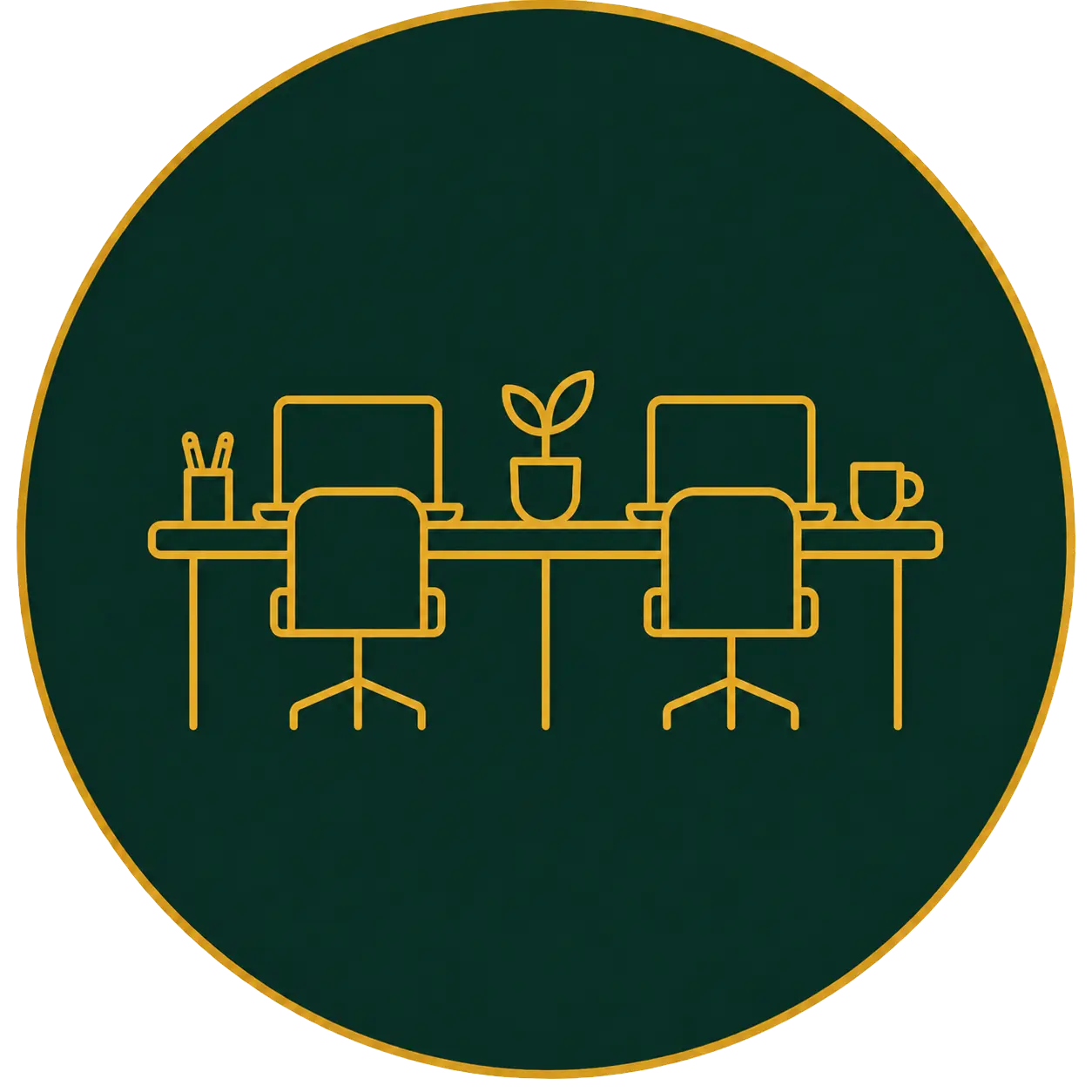 Stylized illustration of a coworking space featuring desks, chairs, laptops, a plant, and a coffee cup.