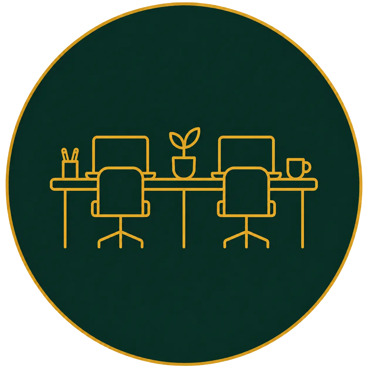 Stylized illustration of a workspace with computers, chairs, and a plant, representing our collaborative environment in About us.