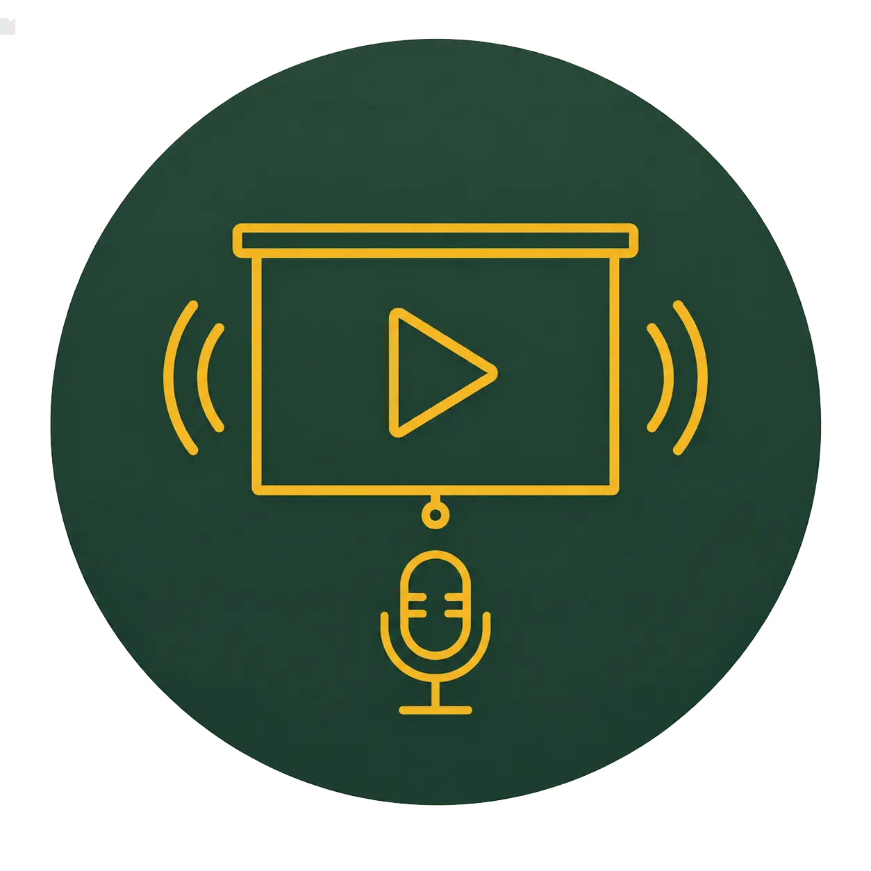 Video presentation icon with play button, speakers, and microphone on dark green background