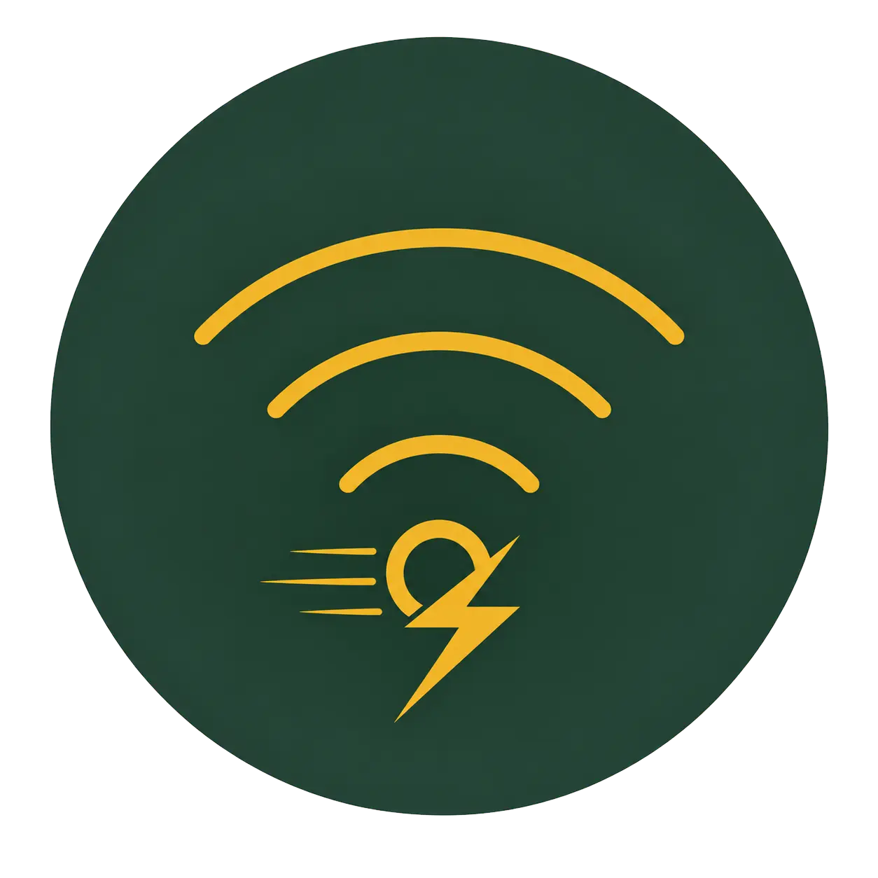 Wireless internet connection icon with WiFi signal waves and lightning bolt on dark green background.
